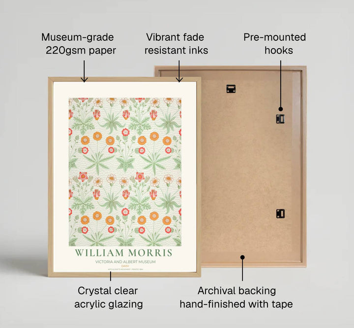 High definition graphic print of the renowned Daisy design by William Morris, showcasing meadow floral details and warm green and orange tones for lasting aesthetic appeal in residential spaces.