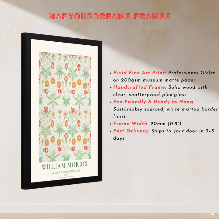 Premium heritage botanical print of the historic 1864 Daisy layout by William Morris, ideal for styling bright interior spaces or building an eclectic vintage art poster collection across home rooms.