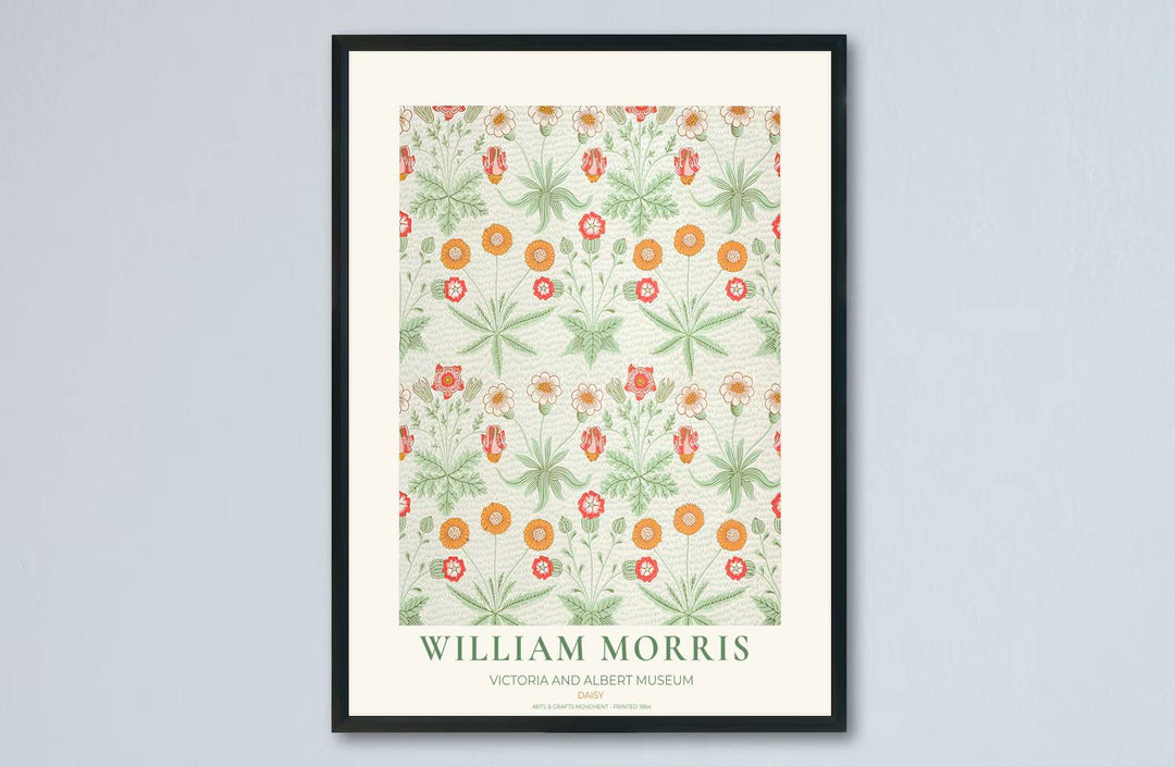 Historic poster print of the famous William Morris Daisy design, showing fine museum exhibition text at the base and full botanical artistry across the main sheet for decorative wall display.