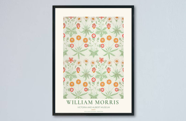Historic poster print of the famous William Morris Daisy design, showing fine museum exhibition text at the base and full botanical artistry across the main sheet for decorative wall display.
