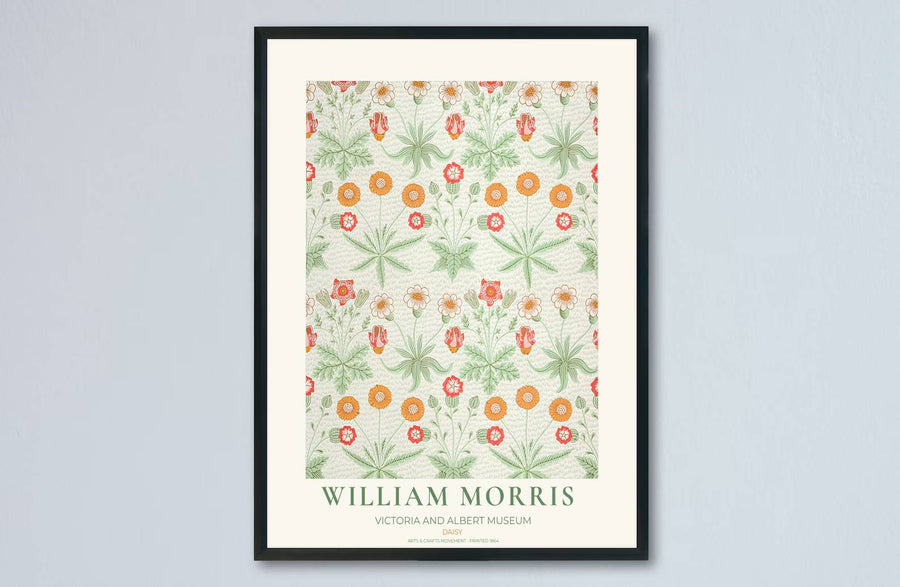 Historic poster print of the famous William Morris Daisy design, showing fine museum exhibition text at the base and full botanical artistry across the main sheet for decorative wall display.