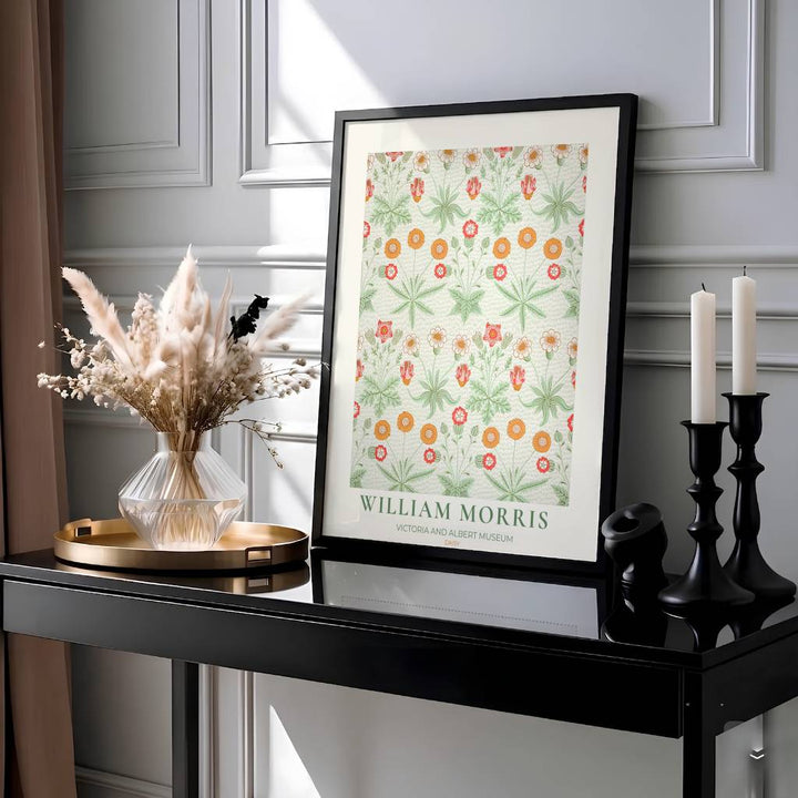 Elegant William Morris floral print capturing an 1864 vintage exhibition design with orange and coral daisy motifs to enhance traditional or modern home interior design.