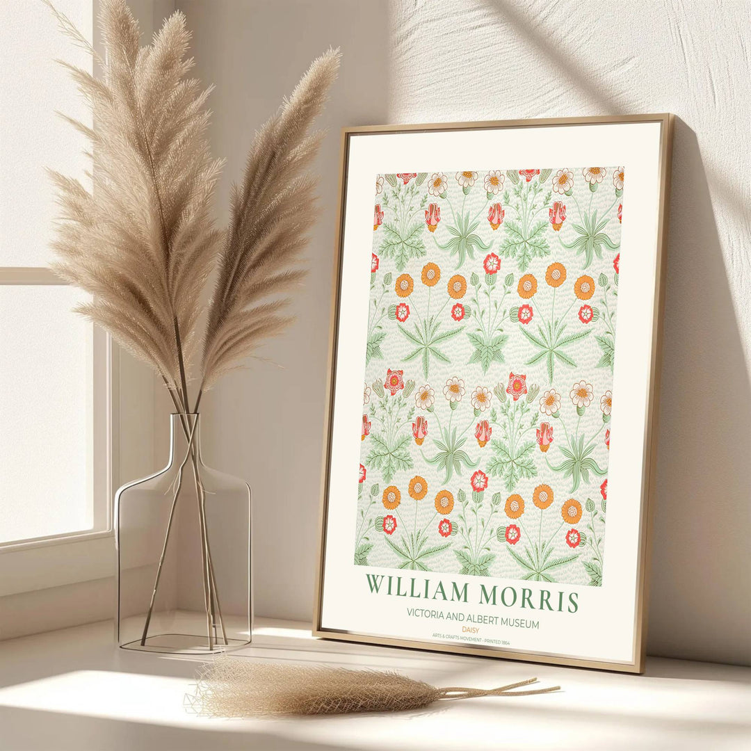 Decorative artwork print of William Morris Daisy featuring delicate floral groups, orange highlights, and a clean cream border suitable for luxury interior styling and wall displays.