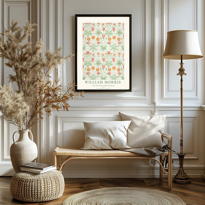 Authentic Arts and Crafts Daisy design print by William Morris, bringing organic energy, refined English heritage art, and warm orange and green contrast into cozy home living spaces.