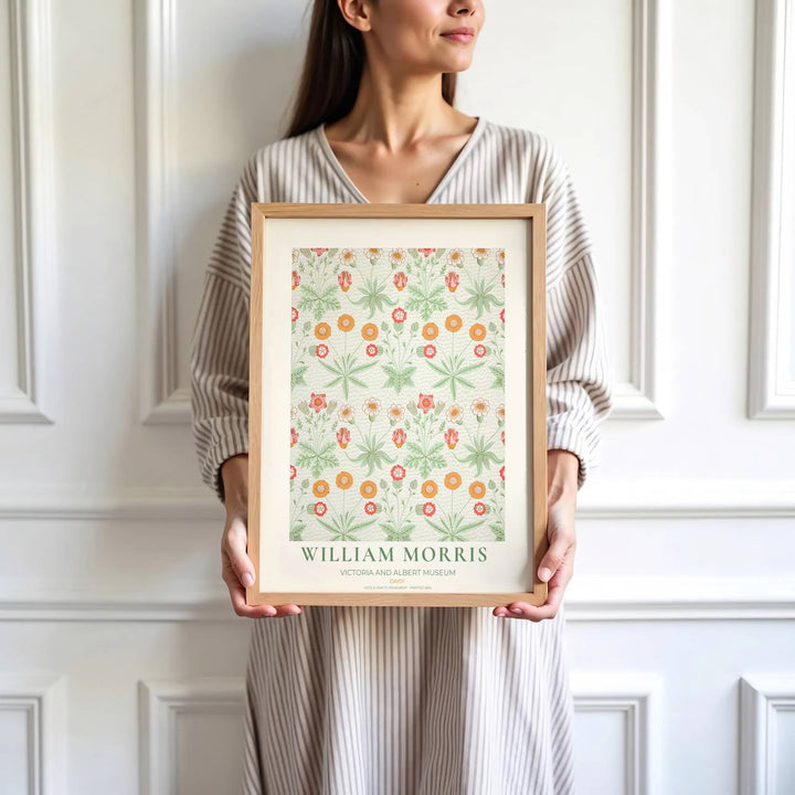 Fine graphic print featuring the detailed textile art of William Morris titled Daisy, serving as a sophisticated centerpiece for Victorian, cottagecore, or meadow-themed room decor.