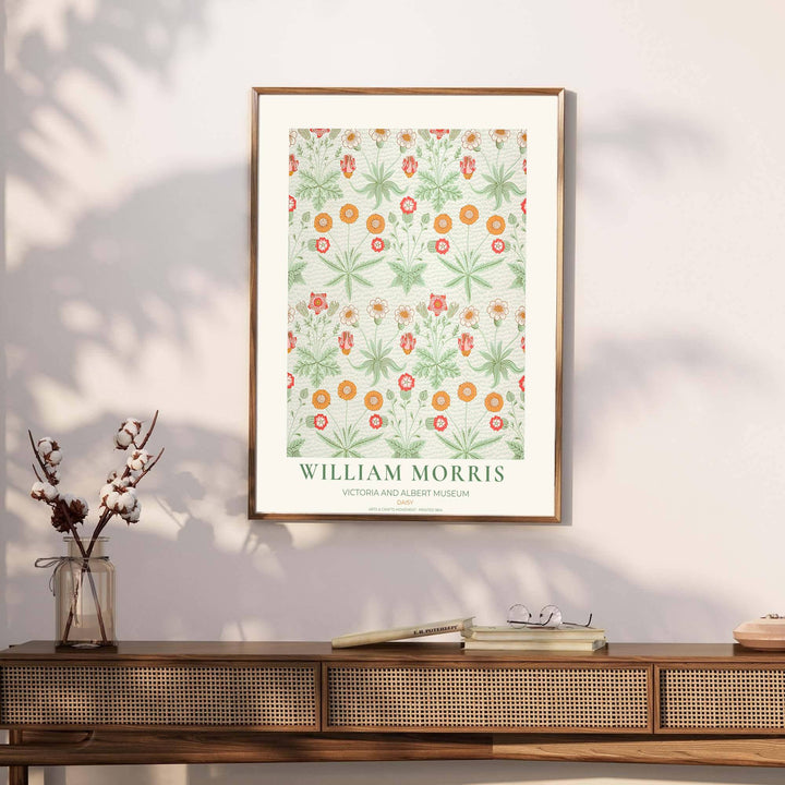 Archival visual print featuring William Morris Daisy foliage patterns, offering clean museum text borders and neat wildflower groups suitable for home library, hallway, or study accent walls.