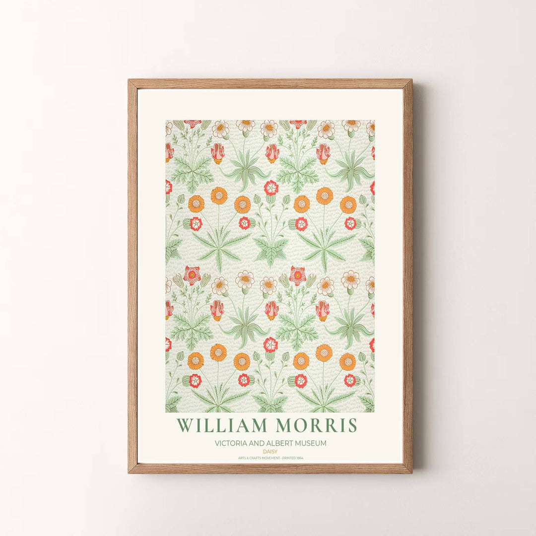 Museum quality visual print of William Morris Daisy displaying historical floral tapestry graphics and warm orange botanical motifs, ideal for traditional home collections and art displays.