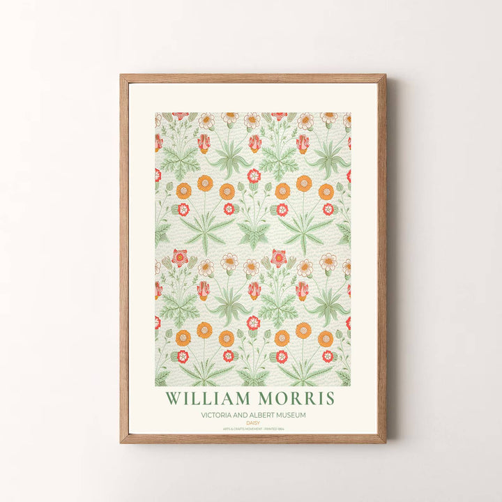 Museum quality visual print of William Morris Daisy displaying historical floral tapestry graphics and warm orange botanical motifs, ideal for traditional home collections and art displays.