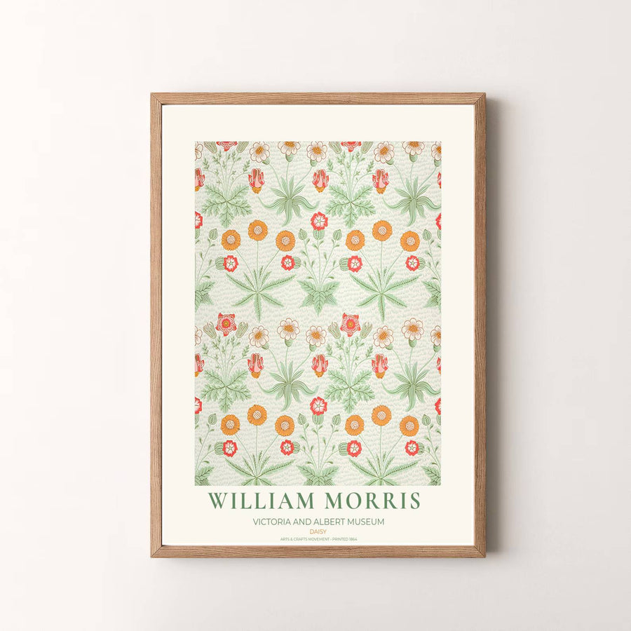 Museum quality visual print of William Morris Daisy displaying historical floral tapestry graphics and warm orange botanical motifs, ideal for traditional home collections and art displays.
