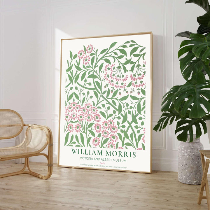 Detailed artwork print rendition of the iconic William Morris Daisy poster, highlighting gentle blush pink, rose, and soft sage green tones ideal for nursery and living room focal points.