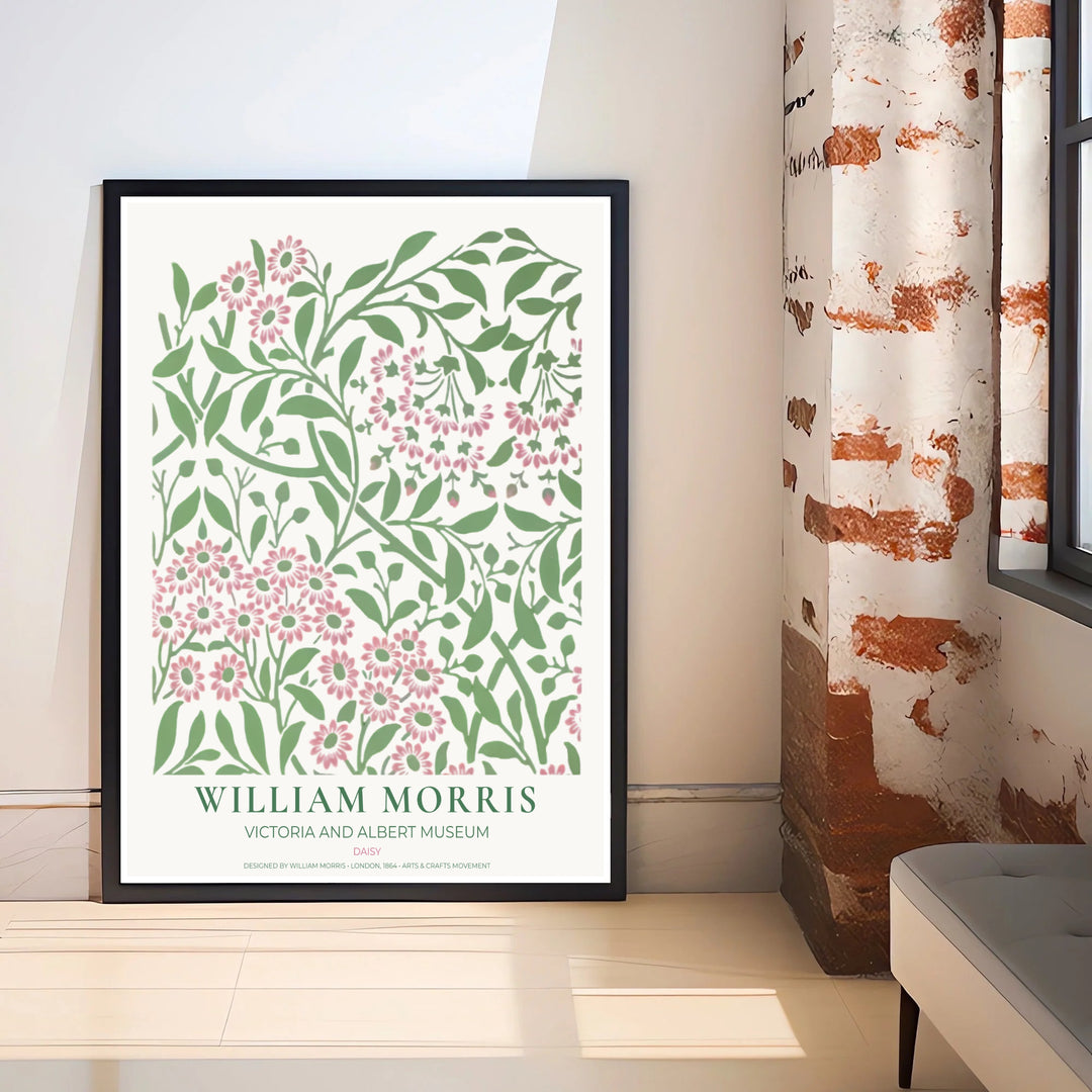 Decorative wall art print of William Morris Daisy pink and sage poster set against a clean cream margin, bringing timeless vintage British botanical elegance into home interior spaces.