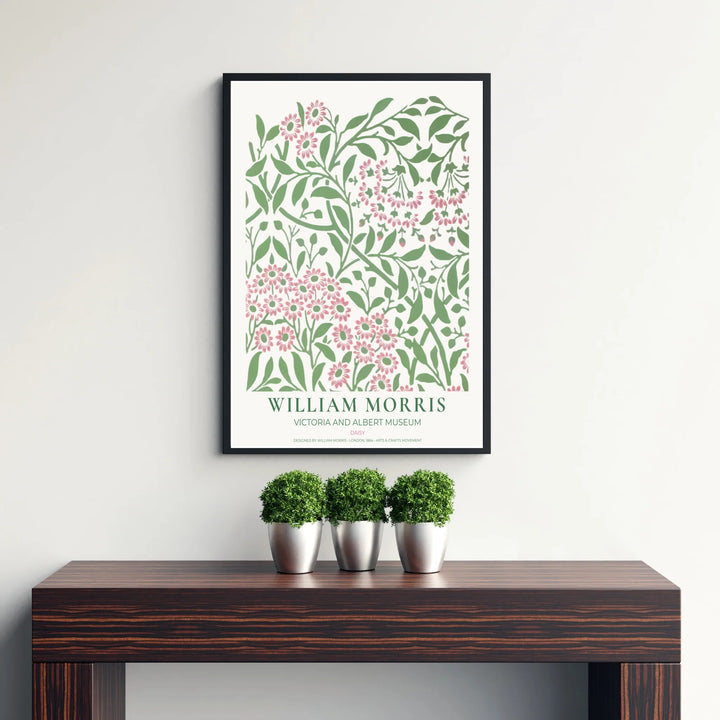 Fine art print showcasing the delicate wildflower and leaf detailing of William Morris Daisy, offering a soft cottagecore aesthetic with pink blossoms for bedroom decor.