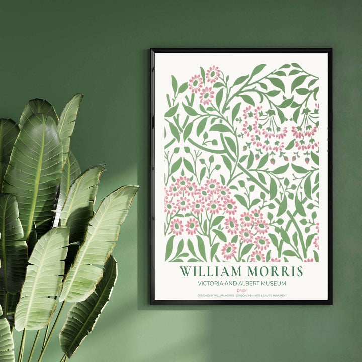 Modern decorative floral print of William Morris Daisy featuring detailed flowering clusters and pale sage green leaf patterns, ideal for contemporary wall decoration and light filled living areas.