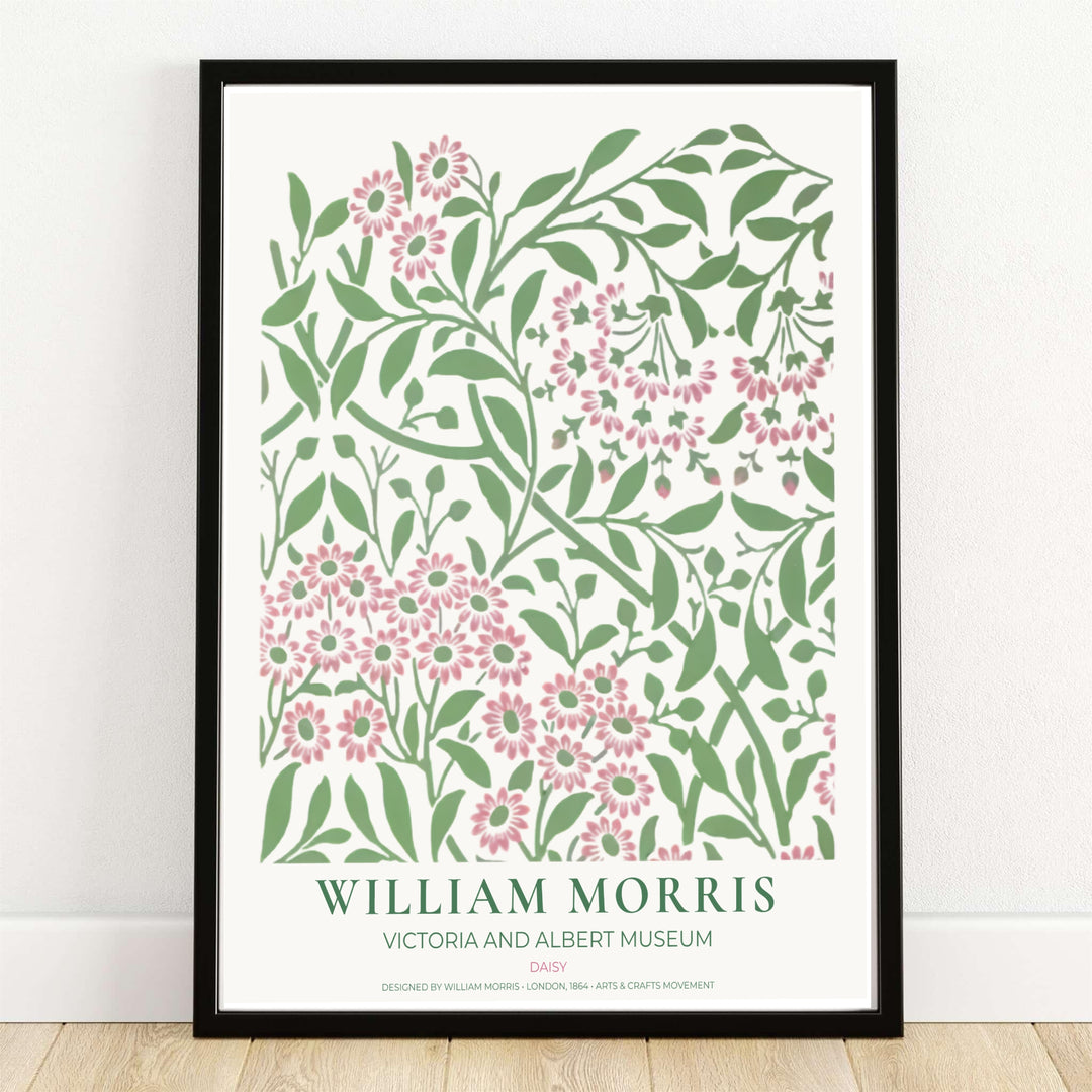 High quality William Morris Daisy pink floral sage green print displaying delicate pink daisy clusters and swirling leaves perfect for soft bedroom wall decor.