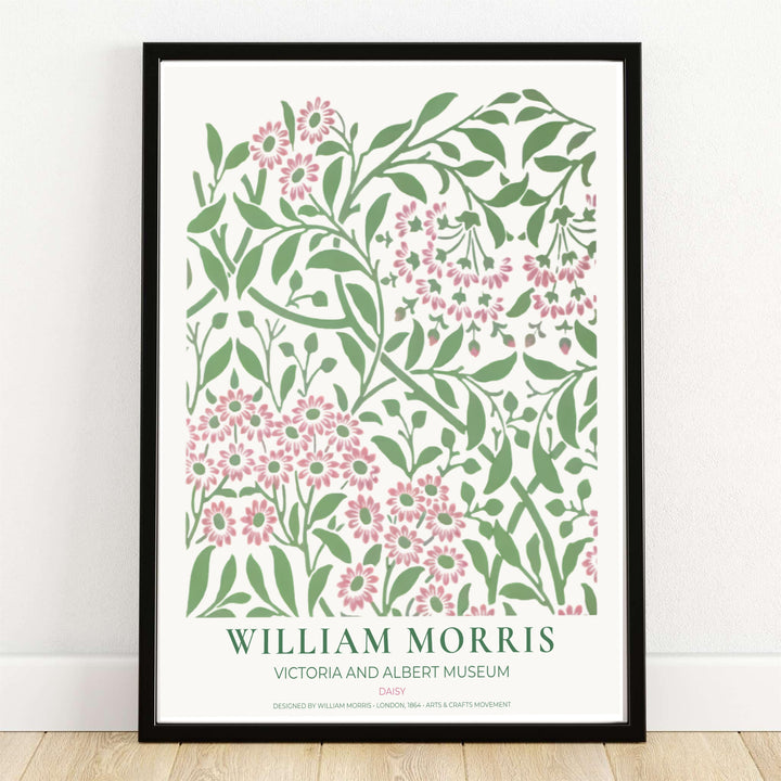 High quality William Morris Daisy pink floral sage green print displaying delicate pink daisy clusters and swirling leaves perfect for soft bedroom wall decor.