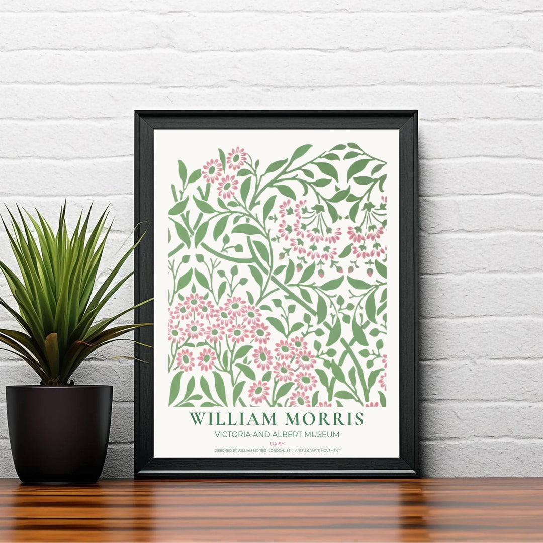 Sophisticated William Morris Daisy floral poster print, designed to coordinate with pastel home accents, blush pink tones, and soft botanical wall art gallery layout compositions.