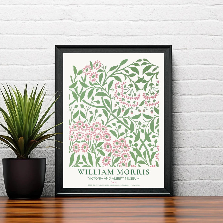Sophisticated William Morris Daisy floral poster print, designed to coordinate with pastel home accents, blush pink tones, and soft botanical wall art gallery layout compositions.