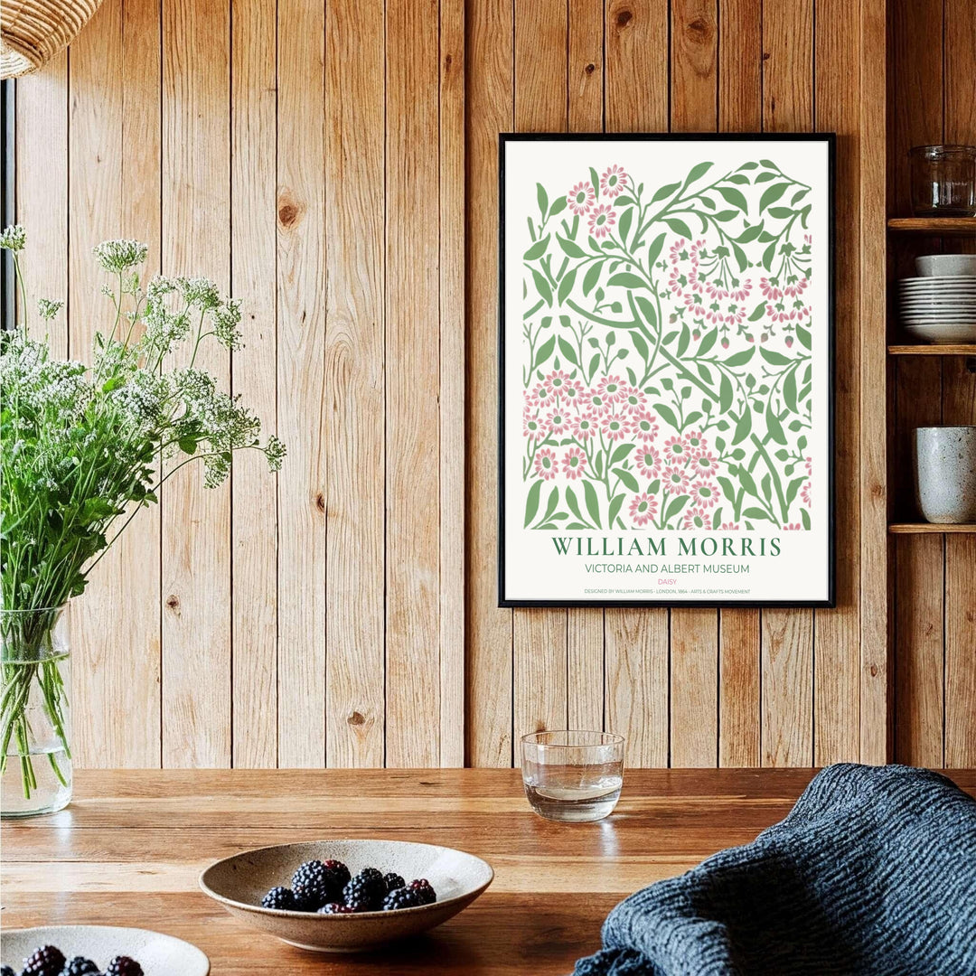 Historic artwork print of William Morris Daisy, capturing stylized daisy clusters, curving stems, and pale cream backgrounds suited for bedroom, hallway, and cozy sitting room wall spaces.
