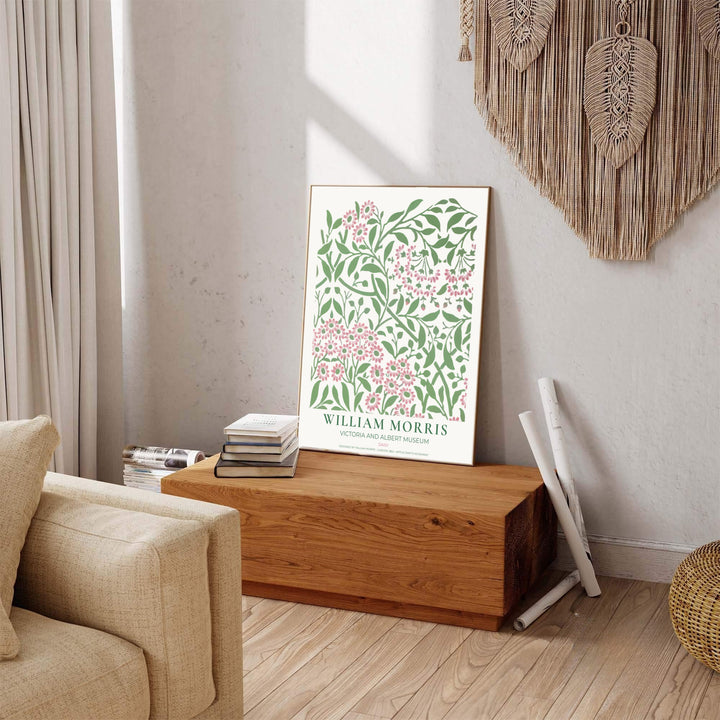 Classic William Morris Daisy pink sage print, adding a charming vintage flair and rich botanical detail to warm living room arrangements, entryways, and traditional interior spaces.