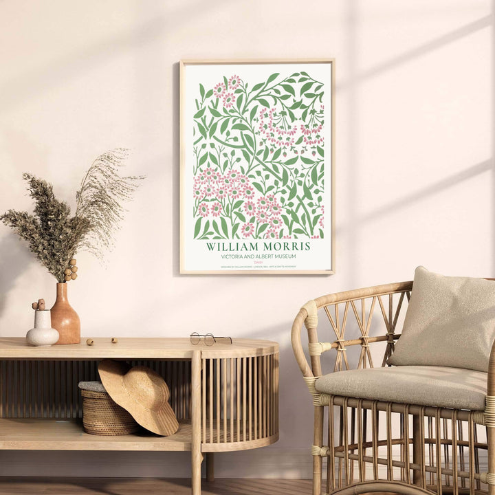 Detailed botanical illustration print displaying the swirling foliage movement and blooming pink daisy heads of William Morris, perfect for peaceful wall arrangements and modern gallery collections.