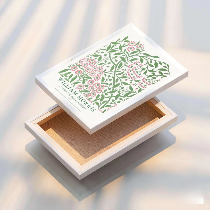 Timeless William Morris Daisy botanical art print, combining fluid vintage movement with historic exhibition typography elements to suit versatile living room and bedroom interior decorating themes.