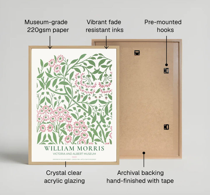 High definition graphic print of the renowned Daisy design by William Morris, showcasing meadow floral details and soft pastel pink and sage green tones for lasting aesthetic appeal in residential spaces.