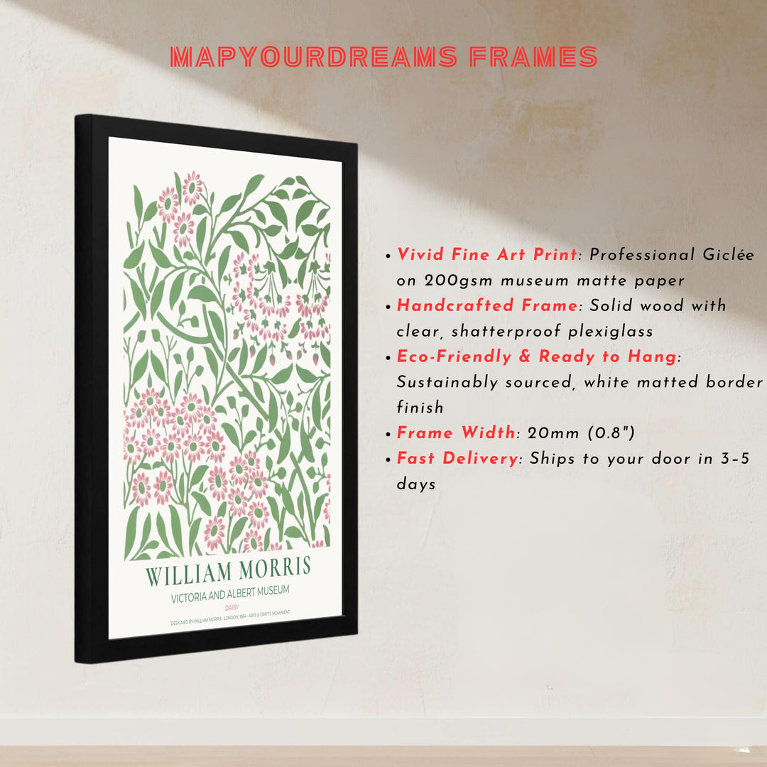 Historic poster print of the famous William Morris Daisy design, showing fine museum exhibition text at the base and full botanical artistry across the main sheet for decorative wall display.