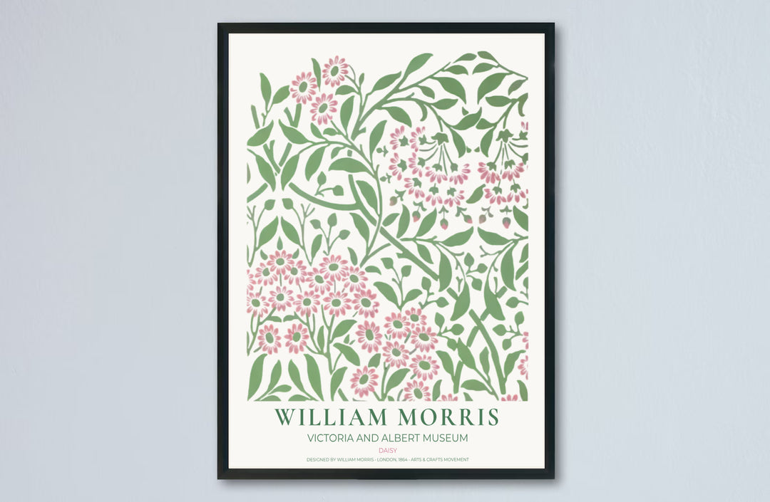 High quality art print showing William Morris Daisy vintage botanical artwork, meticulously produced to ensure long lasting color stability and stunning visual appeal in modern home interiors.