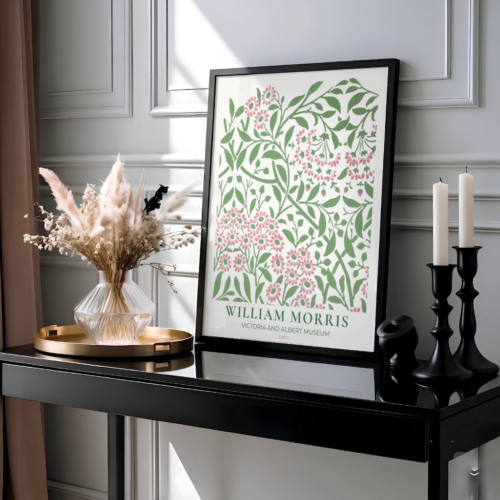 Elegant William Morris floral print capturing an 1864 vintage exhibition design with pale pink and sage green daisy motifs to enhance traditional or modern home interior design.