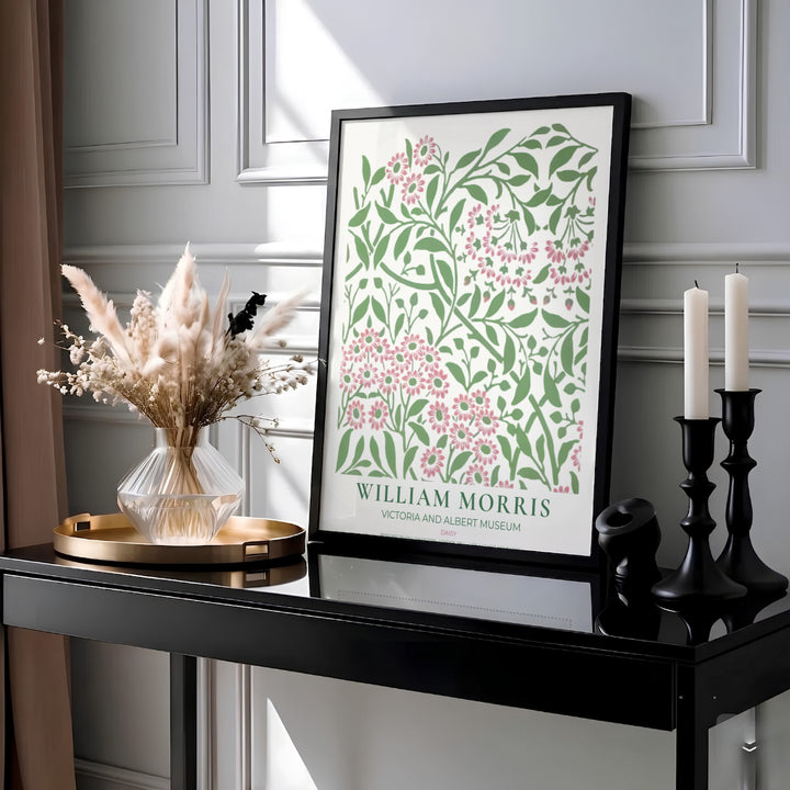Elegant William Morris floral print capturing an 1864 vintage exhibition design with pale pink and sage green daisy motifs to enhance traditional or modern home interior design.