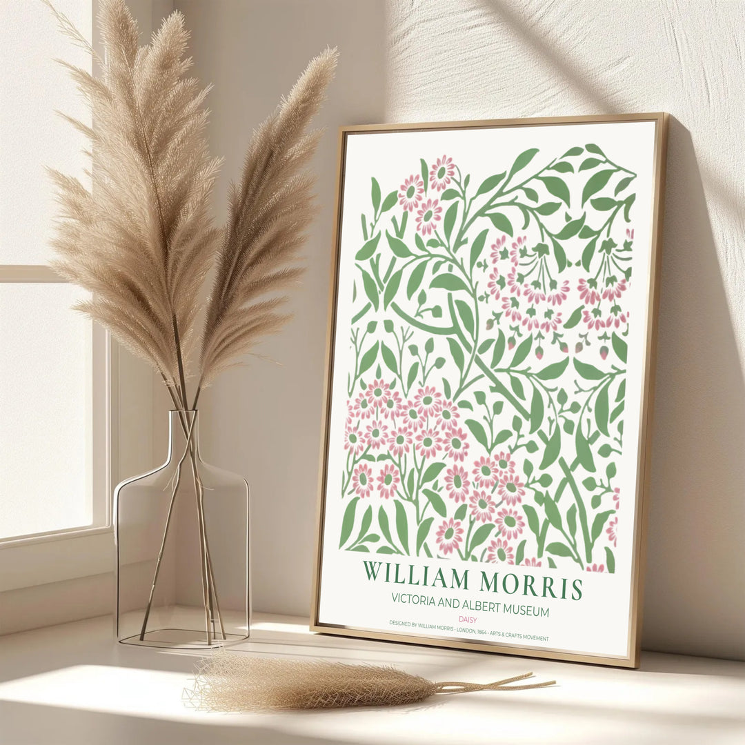 Decorative artwork print of William Morris Daisy featuring delicate floral clusters, pink highlights, and a clean cream border suitable for luxury interior styling and wall displays.
