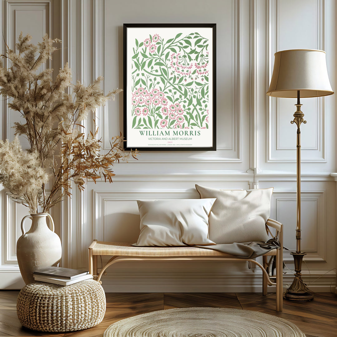 Authentic Arts and Crafts Daisy design print by William Morris, bringing organic energy, refined English heritage art, and soft pink and sage green contrast into cozy home living spaces.