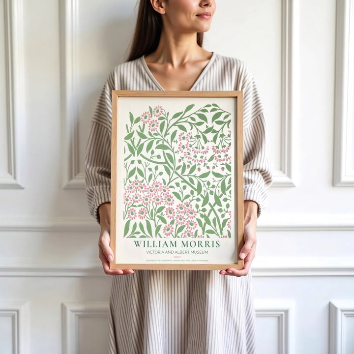 Fine graphic print featuring the detailed textile art of William Morris titled Daisy, serving as a sophisticated centerpiece for Victorian, cottagecore, or pastel room decor themes.