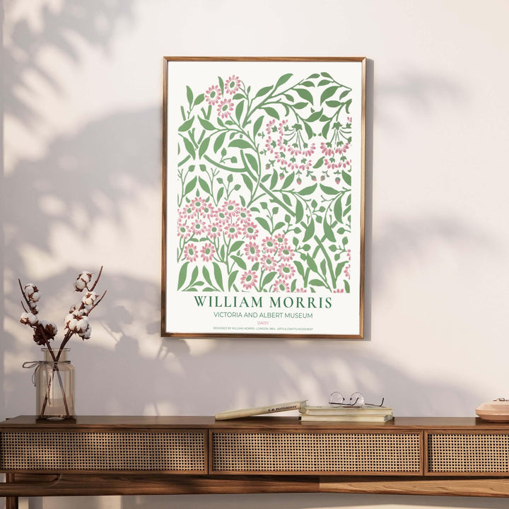 Archival visual print featuring William Morris Daisy foliage patterns, offering clean museum text borders and delicate flower clusters suitable for home library, hallway, or nursery accent walls.