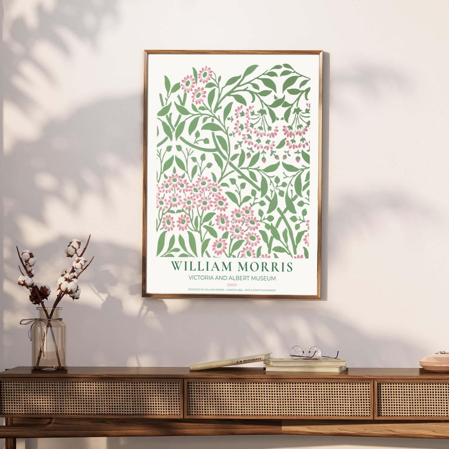 Archival visual print featuring William Morris Daisy foliage patterns, offering clean museum text borders and delicate flower clusters suitable for home library, hallway, or nursery accent walls.