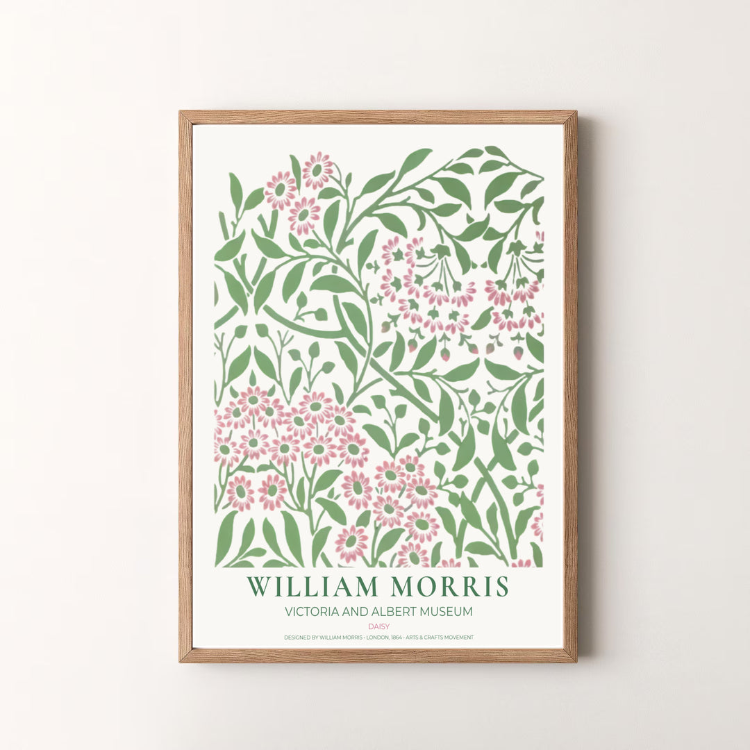 Museum quality visual print of William Morris Daisy displaying historical floral tapestry graphics and soft pink botanical motifs, ideal for traditional home collections and art displays.