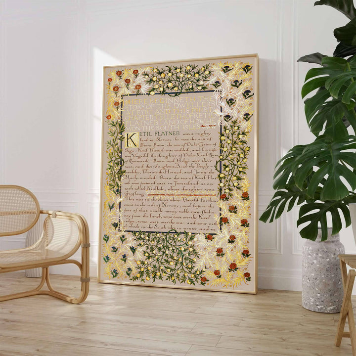 Detailed artwork print rendition of William Morris Dwellers at Eyr Eyrbyggja Saga page, highlighting rich burnished gold, warm parchment, and vermilion red tones ideal for study focal points.