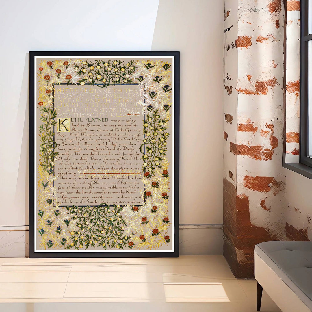 Decorative wall art print of William Morris Dwellers at Eyr calligraphy poster set against a soft margin, bringing timeless vintage British manuscript elegance into home interior spaces.