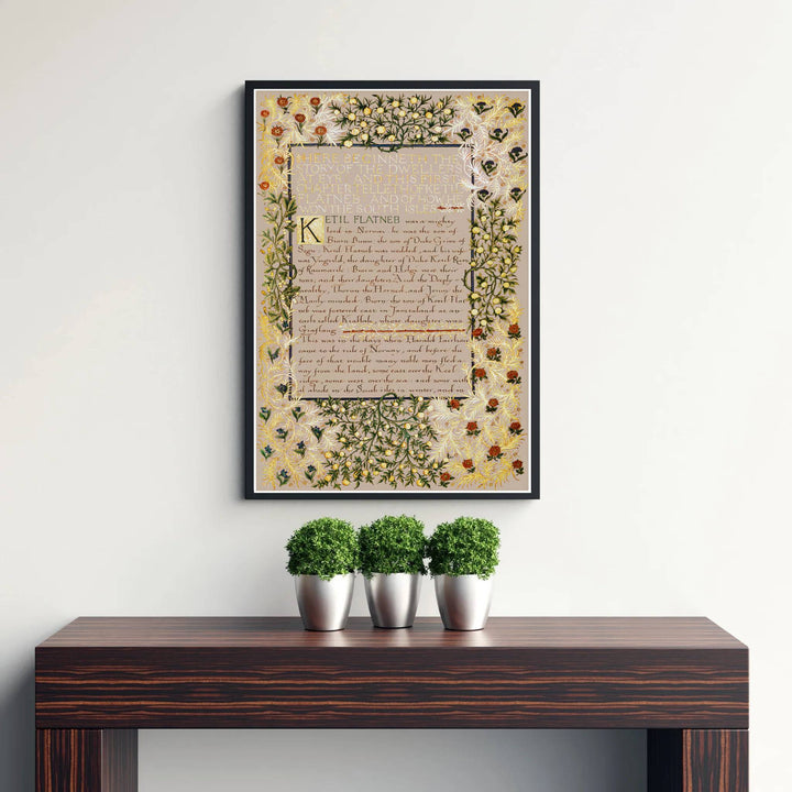 Premium heritage manuscript print of the historic Dwellers at Eyr layout by William Morris, ideal for styling literary interior spaces or building an eclectic vintage art poster collection across home rooms.