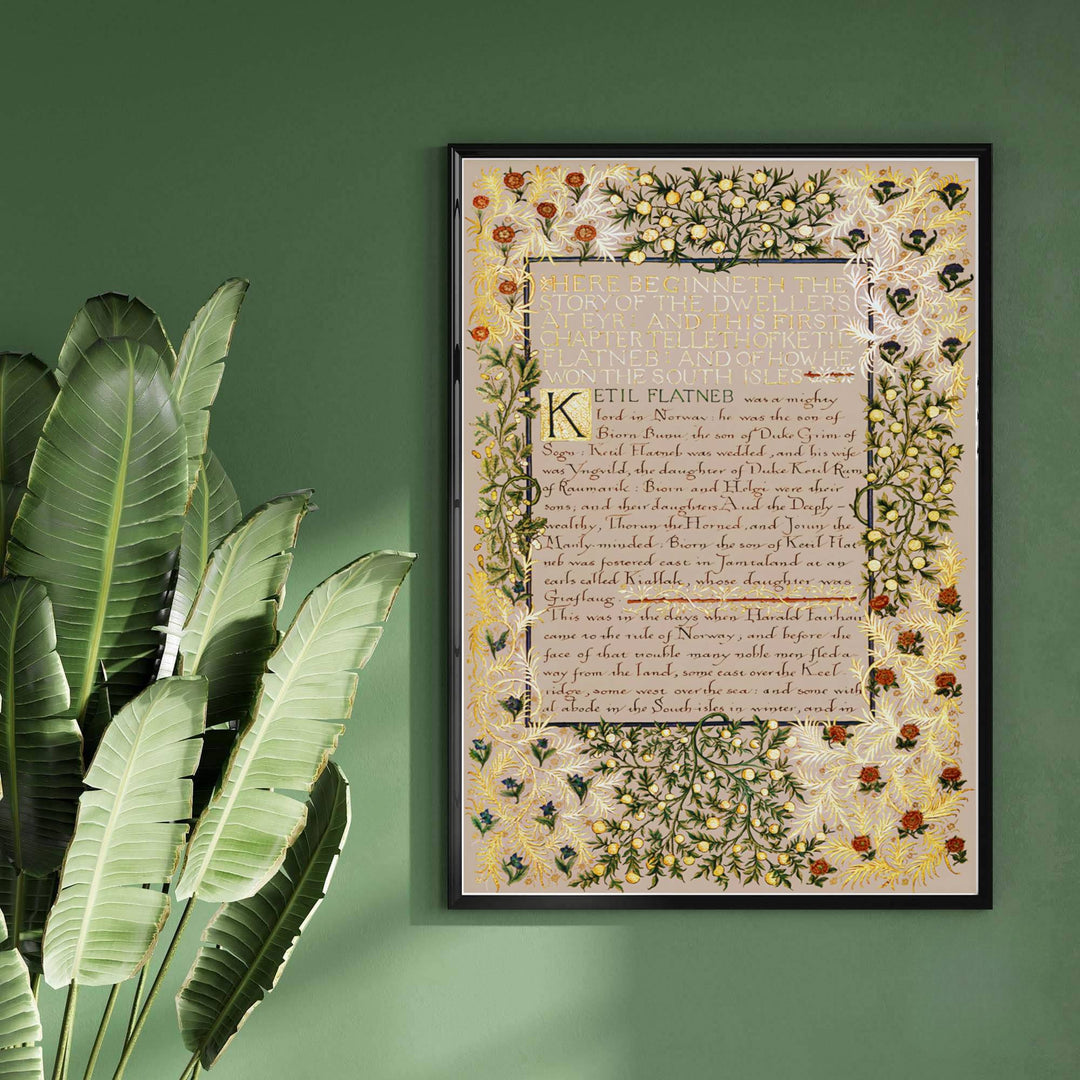 Classic William Morris Dwellers at Eyr illuminated print, adding a charming vintage flair and rich literary detail to warm study arrangements, entryways, and traditional interior spaces.