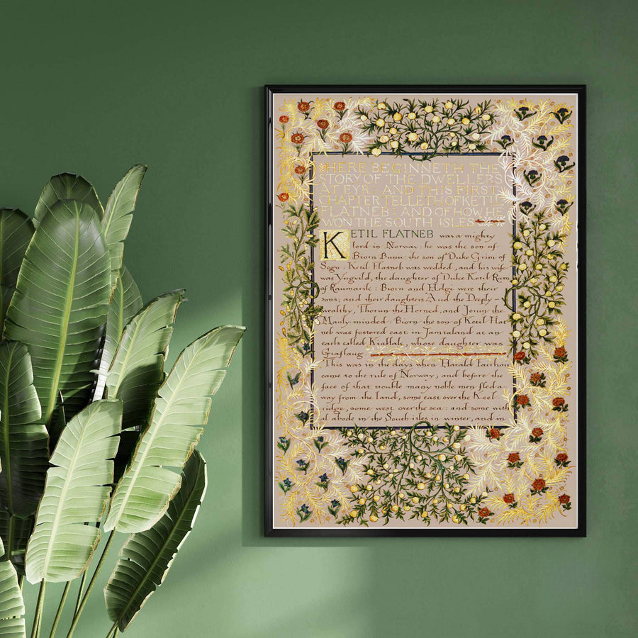 Classic William Morris Dwellers at Eyr illuminated print, adding a charming vintage flair and rich literary detail to warm study arrangements, entryways, and traditional interior spaces.