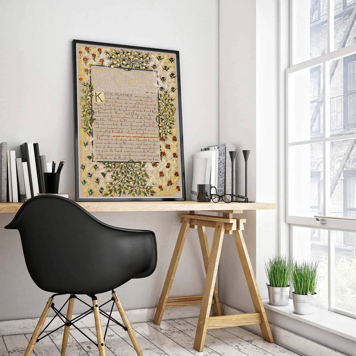 Fine art print showcasing the intricate hand-lettering and illuminated foliage detailing of William Morris Dwellers at Eyr, offering a rich medieval aesthetic for study decor.