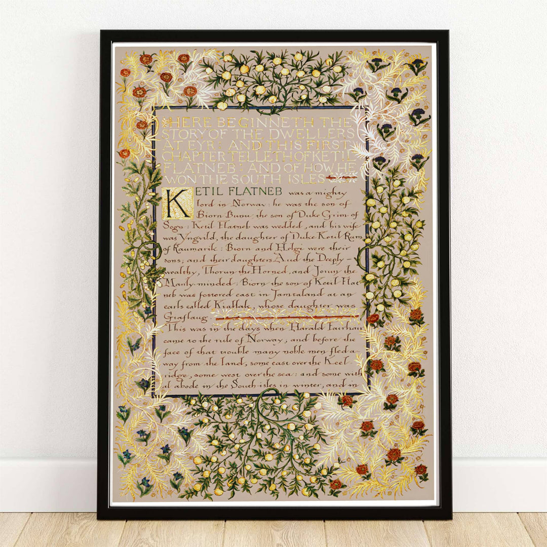 High quality William Morris Dwellers at Eyr illuminated calligraphy print displaying golden leaf borders and handwritten medieval script perfect for home library wall decor.