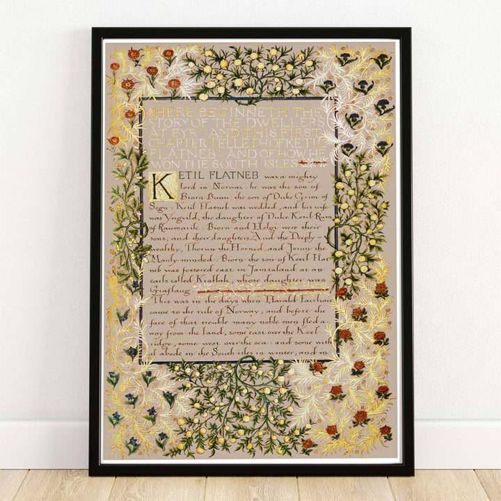 High quality William Morris Dwellers at Eyr illuminated calligraphy print displaying golden leaf borders and handwritten medieval script perfect for home library wall decor.
