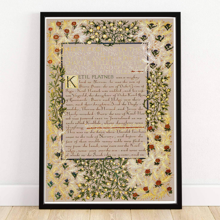 High quality William Morris Dwellers at Eyr illuminated calligraphy print displaying golden leaf borders and handwritten medieval script perfect for home library wall decor.