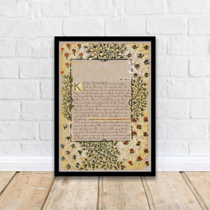 Detailed manuscript artwork print displaying the famed Dwellers at Eyr page by William Morris, expertly rendered to highlight historic calligraphy and artistic craftsmanship for stylish home decor.