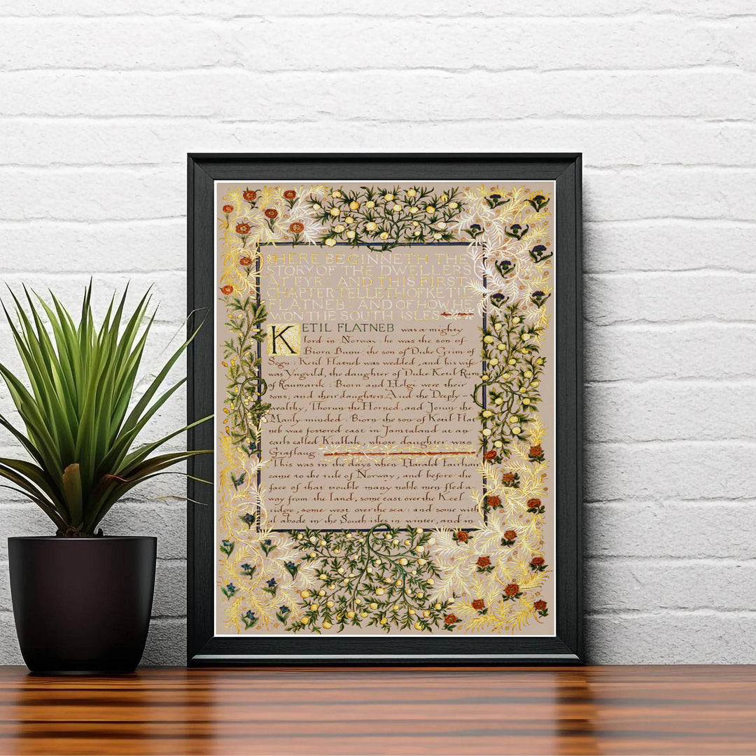 Sophisticated William Morris Dwellers at Eyr poster print, designed to coordinate with dark wood furniture, gold accents, and dark academia literary wall art gallery layout compositions.