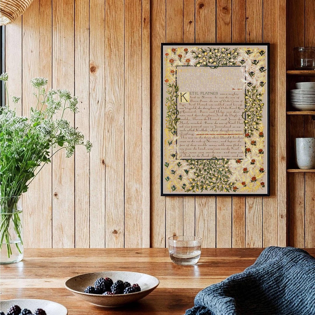 Historic artwork print of William Morris Dwellers at Eyr, capturing medieval calligraphy script, gilded title headers, and dense golden foliage borders suited for home office, library, and cozy sitting room wall spaces.