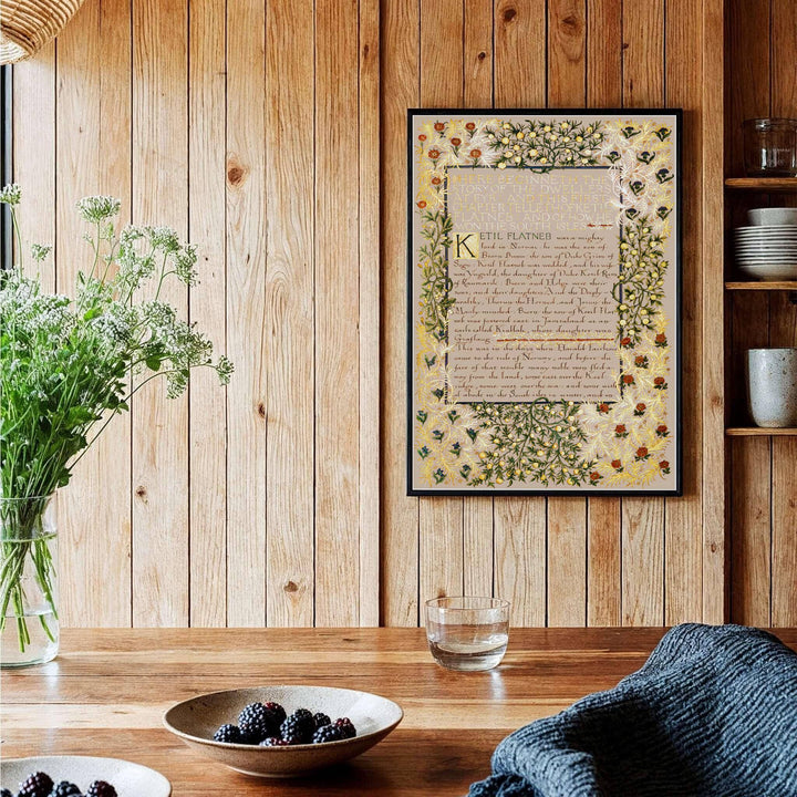 Historic artwork print of William Morris Dwellers at Eyr, capturing medieval calligraphy script, gilded title headers, and dense golden foliage borders suited for home office, library, and cozy sitting room wall spaces.