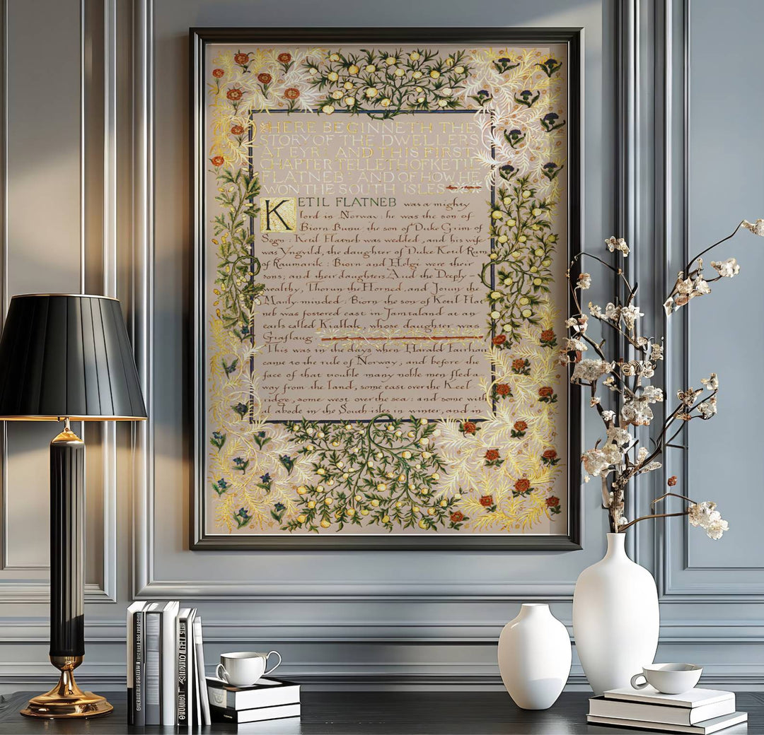 Beautiful Arts and Crafts manuscript motif print by William Morris, ideal for creating an artistic focal point in hallways, studies, or dining areas seeking classic British heritage visual charm.